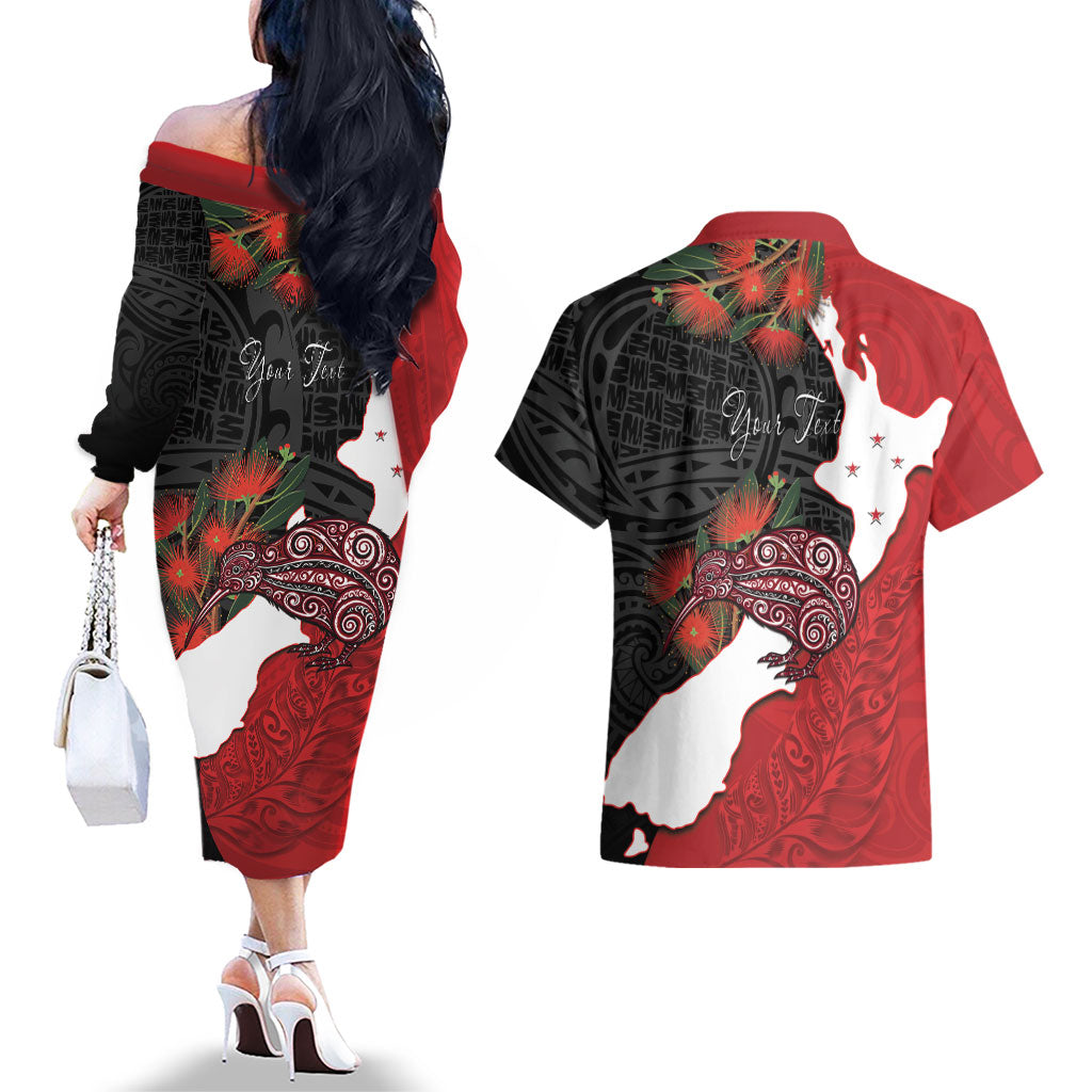 Kiwi New Zealand Personalised Couples Matching Off The Shoulder Long Sleeve Dress and Hawaiian Shirt NZ Map Pohutukawa Fern Maori Pattern