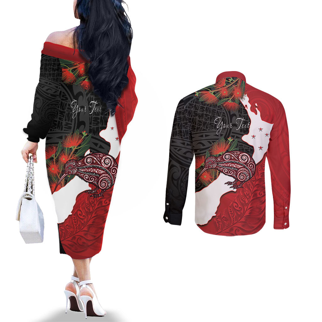 Kiwi New Zealand Personalised Couples Matching Off The Shoulder Long Sleeve Dress and Long Sleeve Button Shirt NZ Map Pohutukawa Fern Maori Pattern