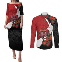 Kiwi New Zealand Personalised Couples Matching Puletasi and Long Sleeve Button Shirt NZ Map Pohutukawa Fern Maori Pattern LT22 Red - Polynesian Pride