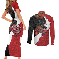 Kiwi New Zealand Personalised Couples Matching Short Sleeve Bodycon Dress and Long Sleeve Button Shirt NZ Map Pohutukawa Fern Maori Pattern