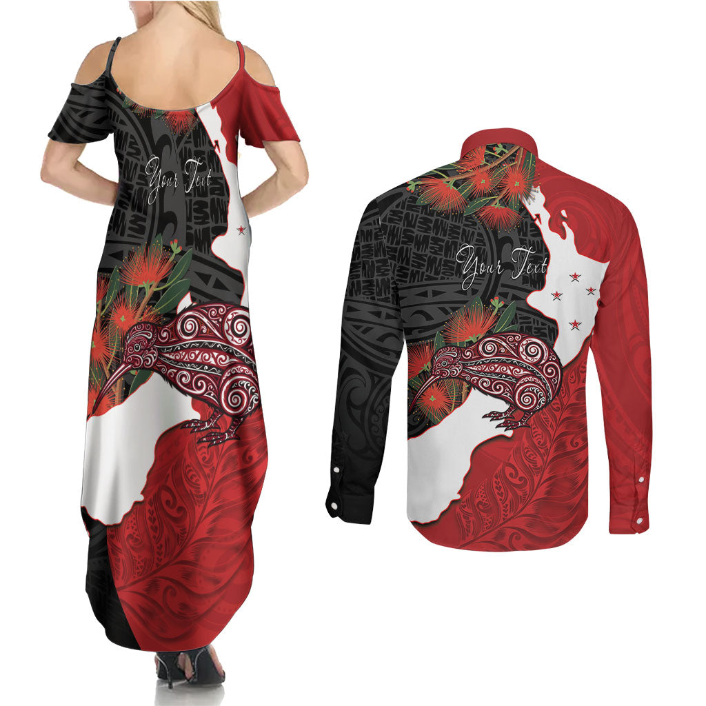 Kiwi New Zealand Personalised Couples Matching Summer Maxi Dress and Long Sleeve Button Shirt NZ Map Pohutukawa Fern Maori Pattern LT22 - Polynesian Pride