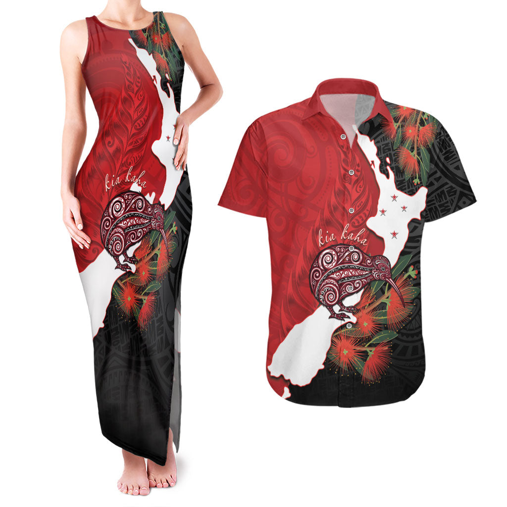 Kiwi New Zealand Personalised Couples Matching Tank Maxi Dress and Hawaiian Shirt NZ Map Pohutukawa Fern Maori Pattern LT22 Red - Polynesian Pride
