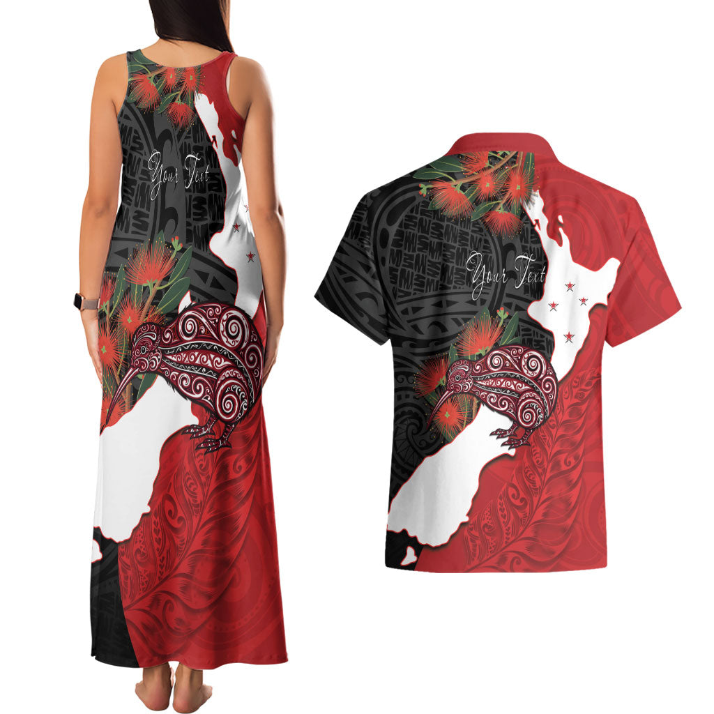 Kiwi New Zealand Personalised Couples Matching Tank Maxi Dress and Hawaiian Shirt NZ Map Pohutukawa Fern Maori Pattern LT22 - Polynesian Pride