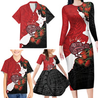 Kiwi New Zealand Personalised Family Matching Long Sleeve Bodycon Dress and Hawaiian Shirt NZ Map Pohutukawa Fern Maori Pattern