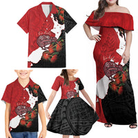 Kiwi New Zealand Personalised Family Matching Off Shoulder Maxi Dress and Hawaiian Shirt NZ Map Pohutukawa Fern Maori Pattern