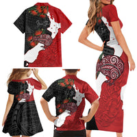 Kiwi New Zealand Personalised Family Matching Short Sleeve Bodycon Dress and Hawaiian Shirt NZ Map Pohutukawa Fern Maori Pattern