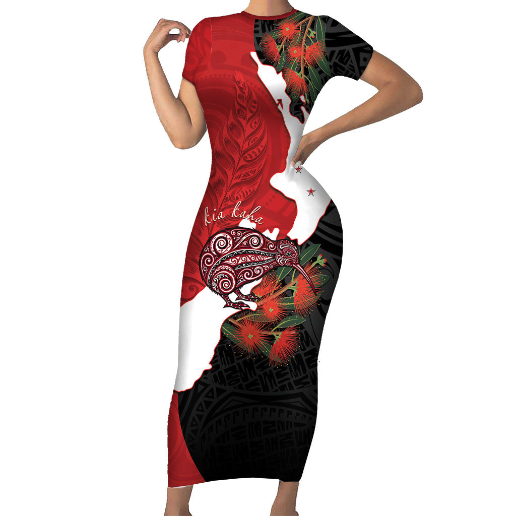 Kiwi New Zealand Personalised Family Matching Short Sleeve Bodycon Dress and Hawaiian Shirt NZ Map Pohutukawa Fern Maori Pattern