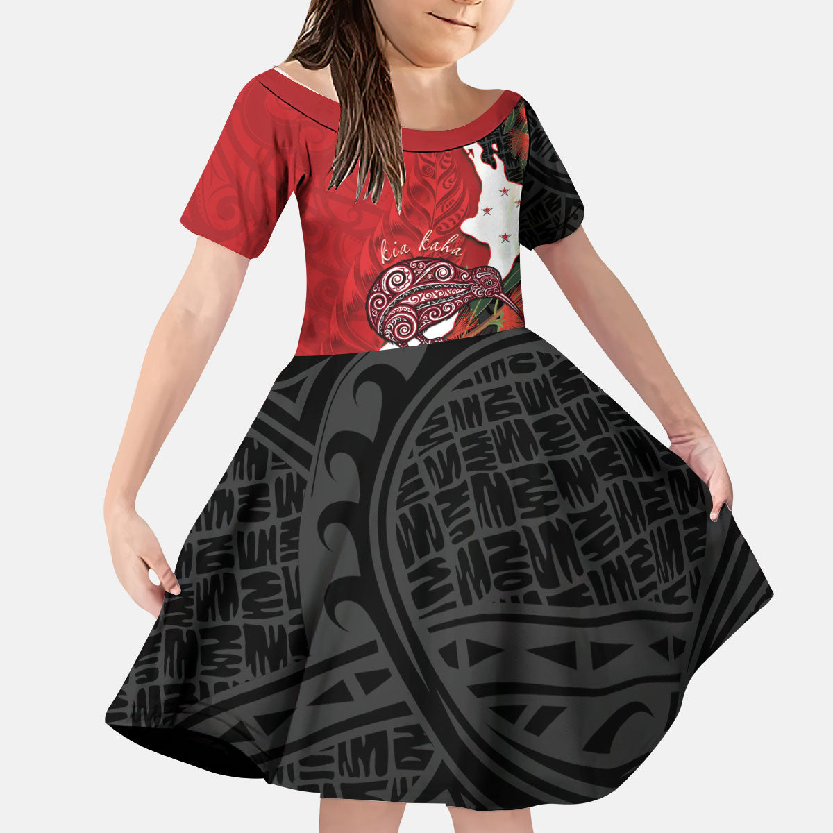 Kiwi New Zealand Personalised Kid Short Sleeve Dress NZ Map Pohutukawa Fern Maori Pattern