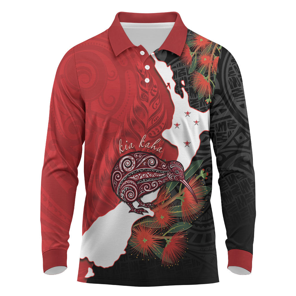 Kiwi New Zealand Personalised Long Sleeve Polo Shirt NZ Map Pohutukawa Fern Maori Pattern