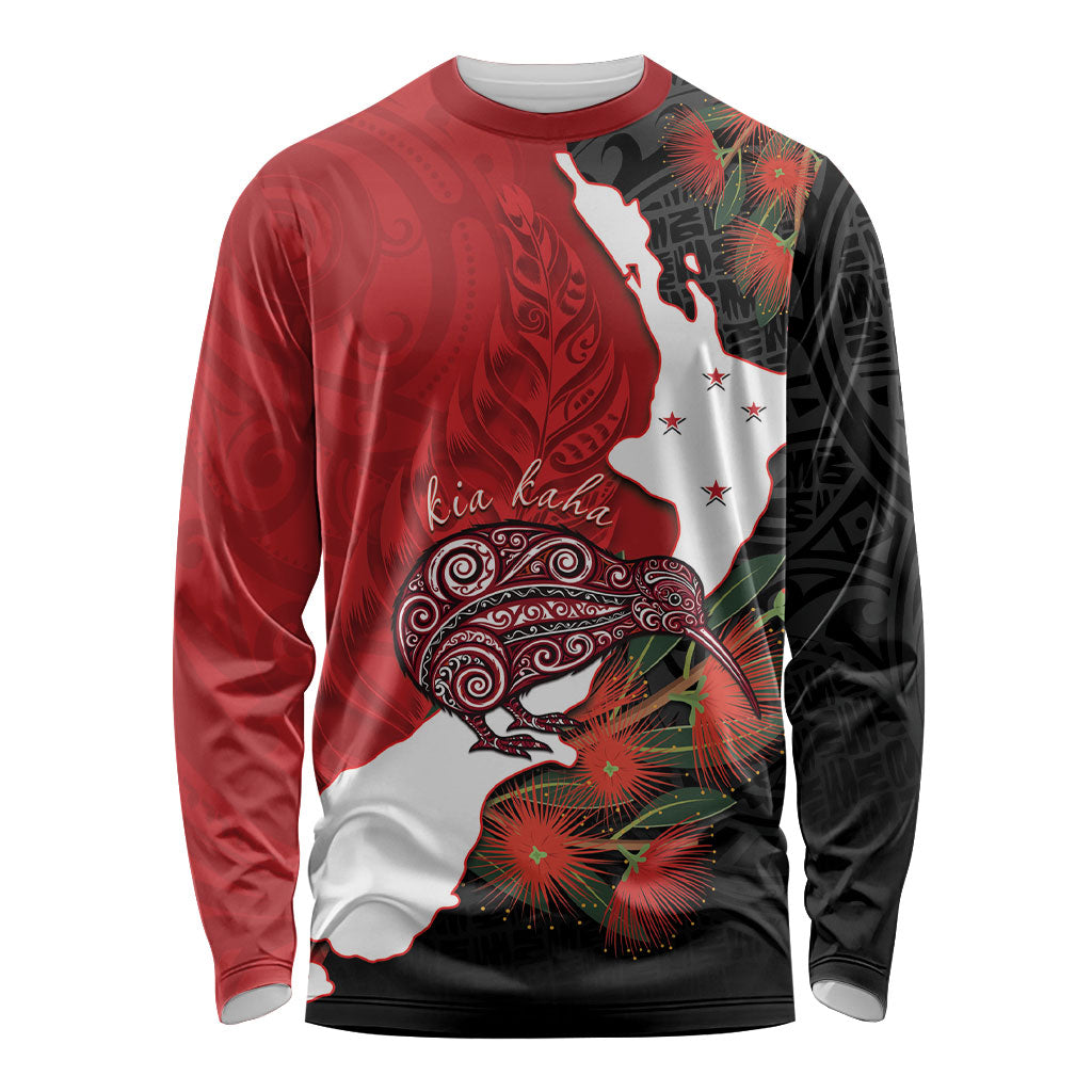 Kiwi New Zealand Personalised Long Sleeve Shirt NZ Map Pohutukawa Fern Maori Pattern LT22 Unisex Red - Polynesian Pride