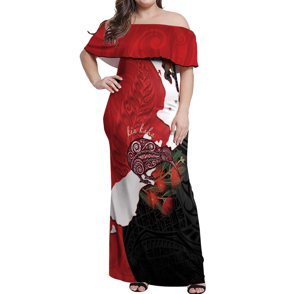 Kiwi New Zealand Personalised Off Shoulder Maxi Dress NZ Map Pohutukawa Fern Maori Pattern LT22 Women Red - Polynesian Pride