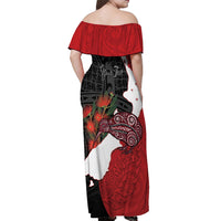 Kiwi New Zealand Personalised Off Shoulder Maxi Dress NZ Map Pohutukawa Fern Maori Pattern LT22 - Polynesian Pride
