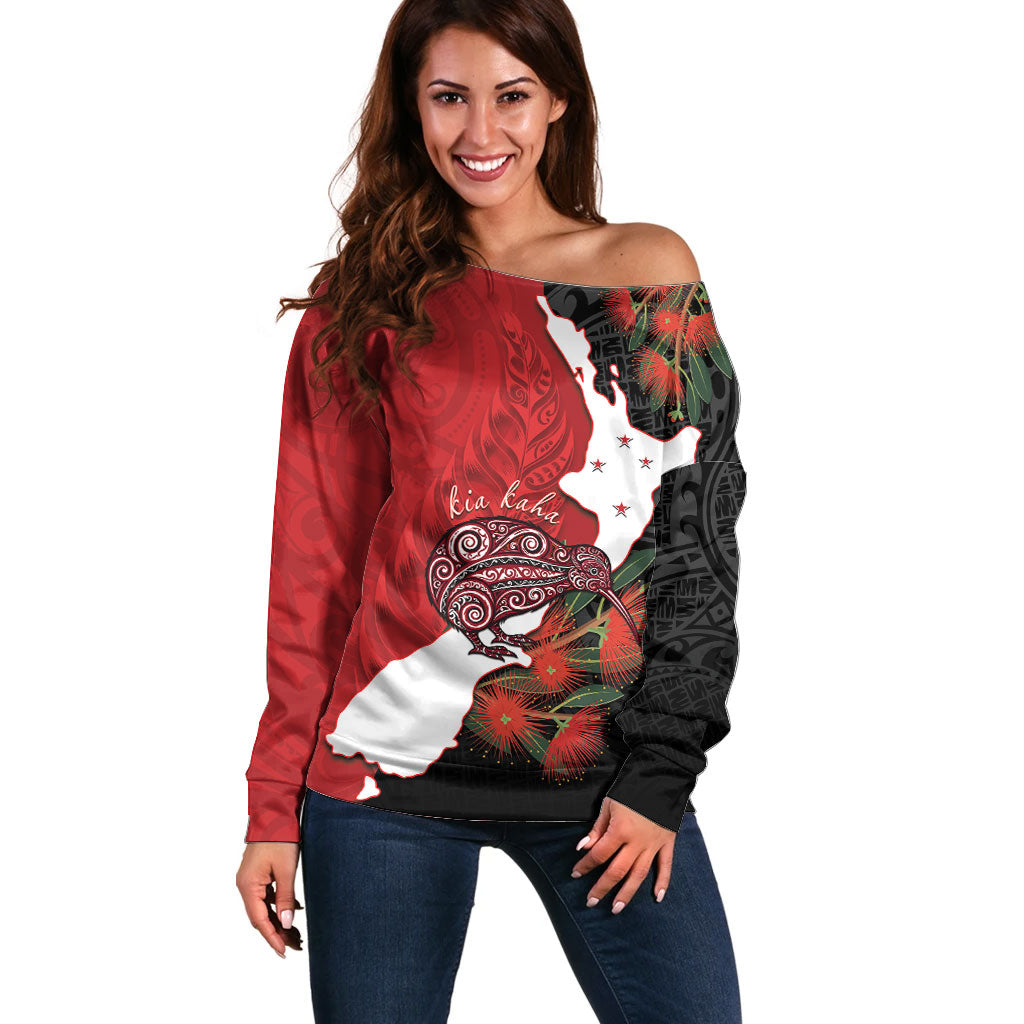 Kiwi New Zealand Personalised Off Shoulder Sweater NZ Map Pohutukawa Fern Maori Pattern