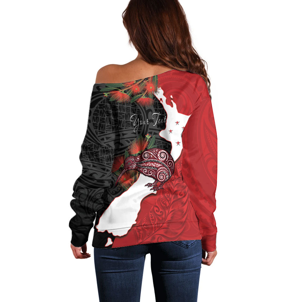 Kiwi New Zealand Personalised Off Shoulder Sweater NZ Map Pohutukawa Fern Maori Pattern