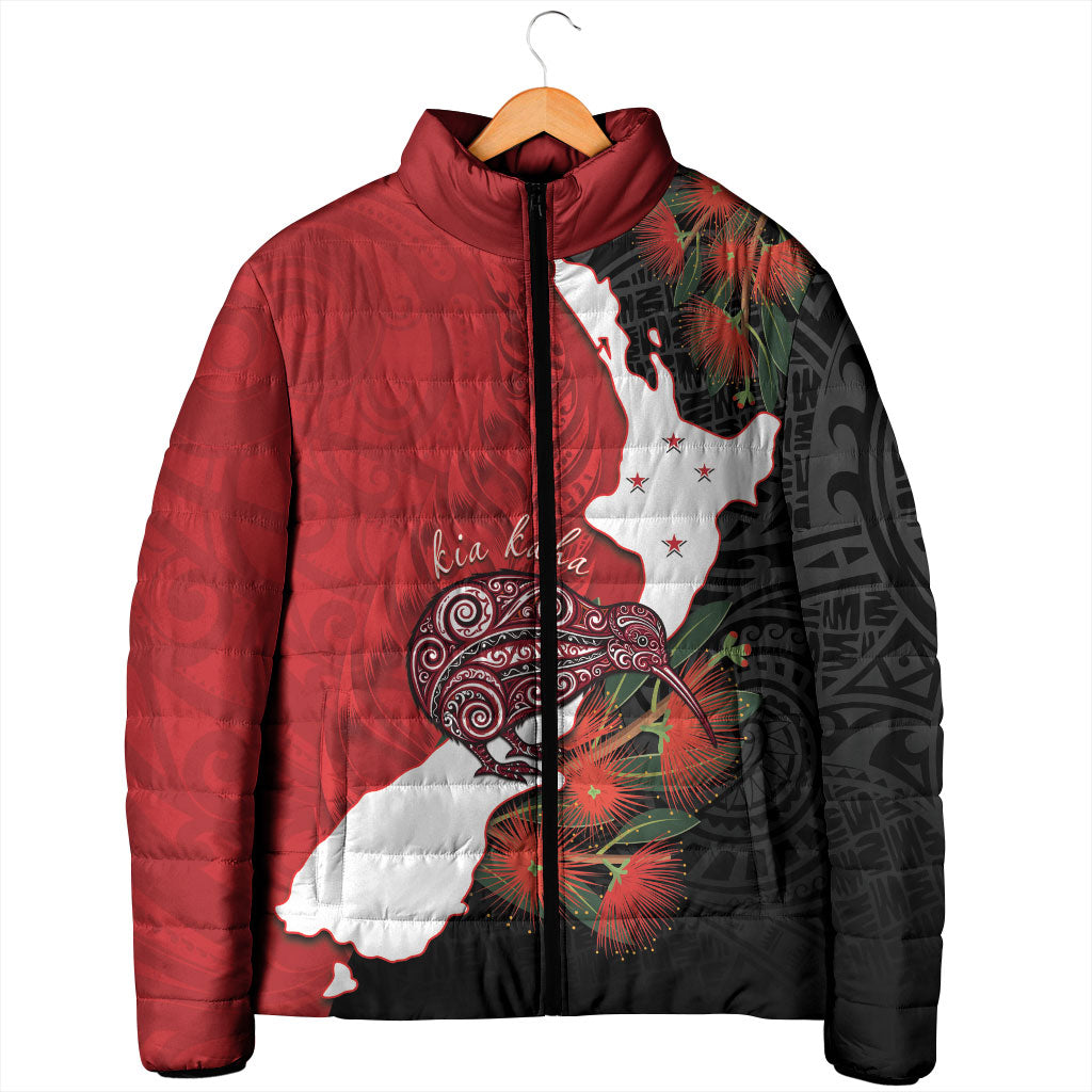 Kiwi New Zealand Personalised Padded Jacket NZ Map Pohutukawa Fern Maori Pattern LT22 - Polynesian Pride