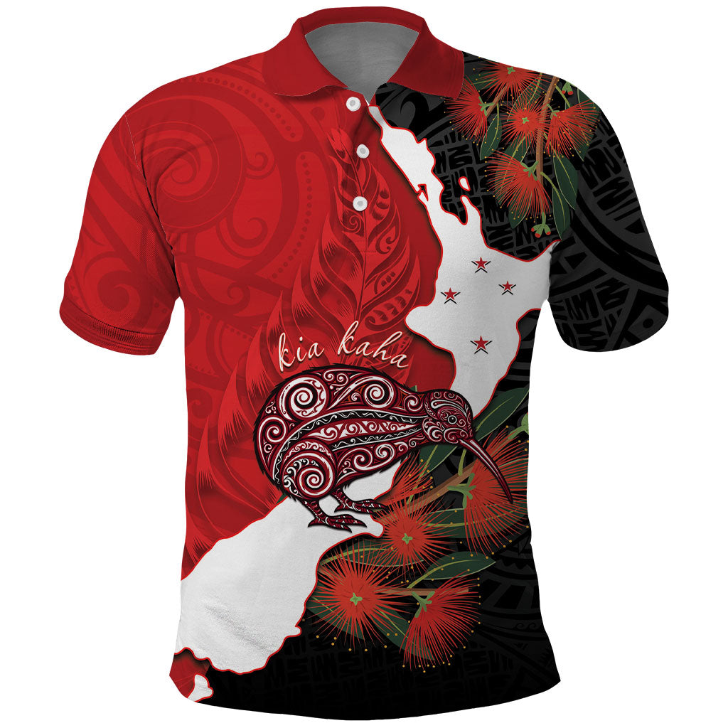 Kiwi New Zealand Personalised Polo Shirt NZ Map Pohutukawa Fern Maori Pattern LT22 Red - Polynesian Pride
