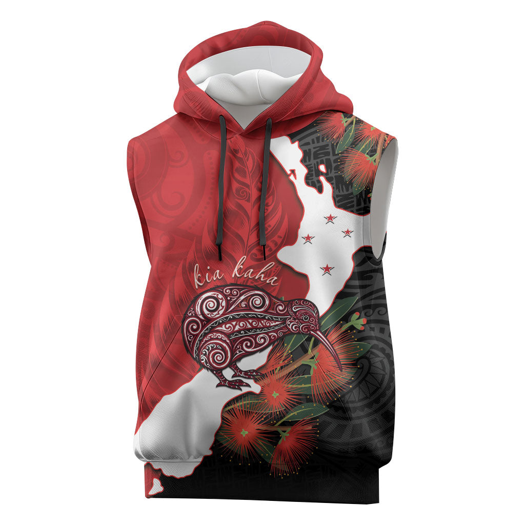 Kiwi New Zealand Personalised Sleeveless Hoodie NZ Map Pohutukawa Fern Maori Pattern