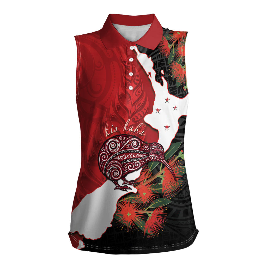 Kiwi New Zealand Personalised Women Sleeveless Polo Shirt NZ Map Pohutukawa Fern Maori Pattern