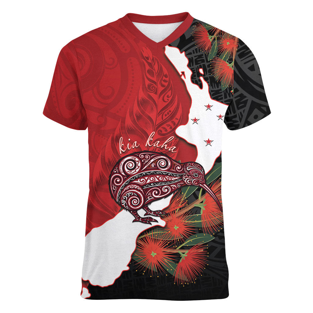 Kiwi New Zealand Personalised Women V-Neck T-Shirt NZ Map Pohutukawa Fern Maori Pattern