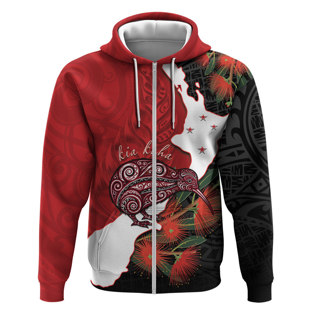 Kiwi New Zealand Personalised Zip Hoodie NZ Map Pohutukawa Fern Maori Pattern