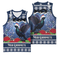 New Zealand Tui Bird Christmas Basketball Jersey Pohutukawa Xmas Tree Meri Kirihimete