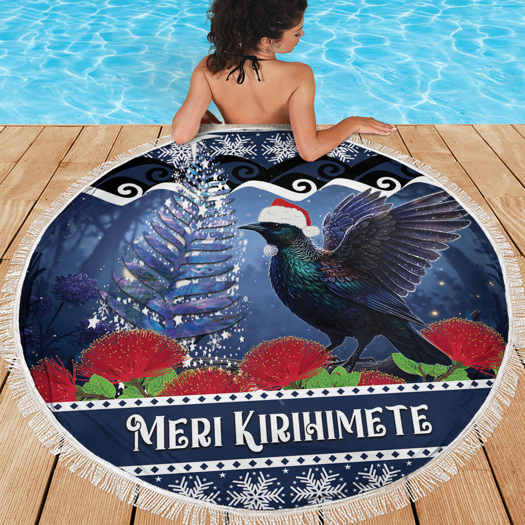 New Zealand Tui Bird Christmas Beach Blanket Pohutukawa Xmas Tree Meri Kirihimete