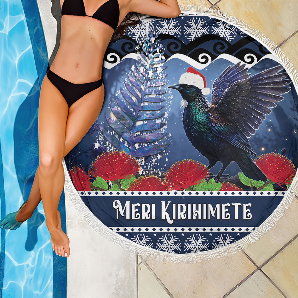 New Zealand Tui Bird Christmas Beach Blanket Pohutukawa Xmas Tree Meri Kirihimete