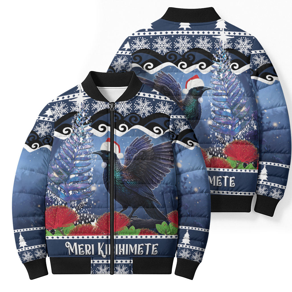 New Zealand Tui Bird Christmas Bomber Puffer Jacket Pohutukawa Xmas Tree Meri Kirihimete