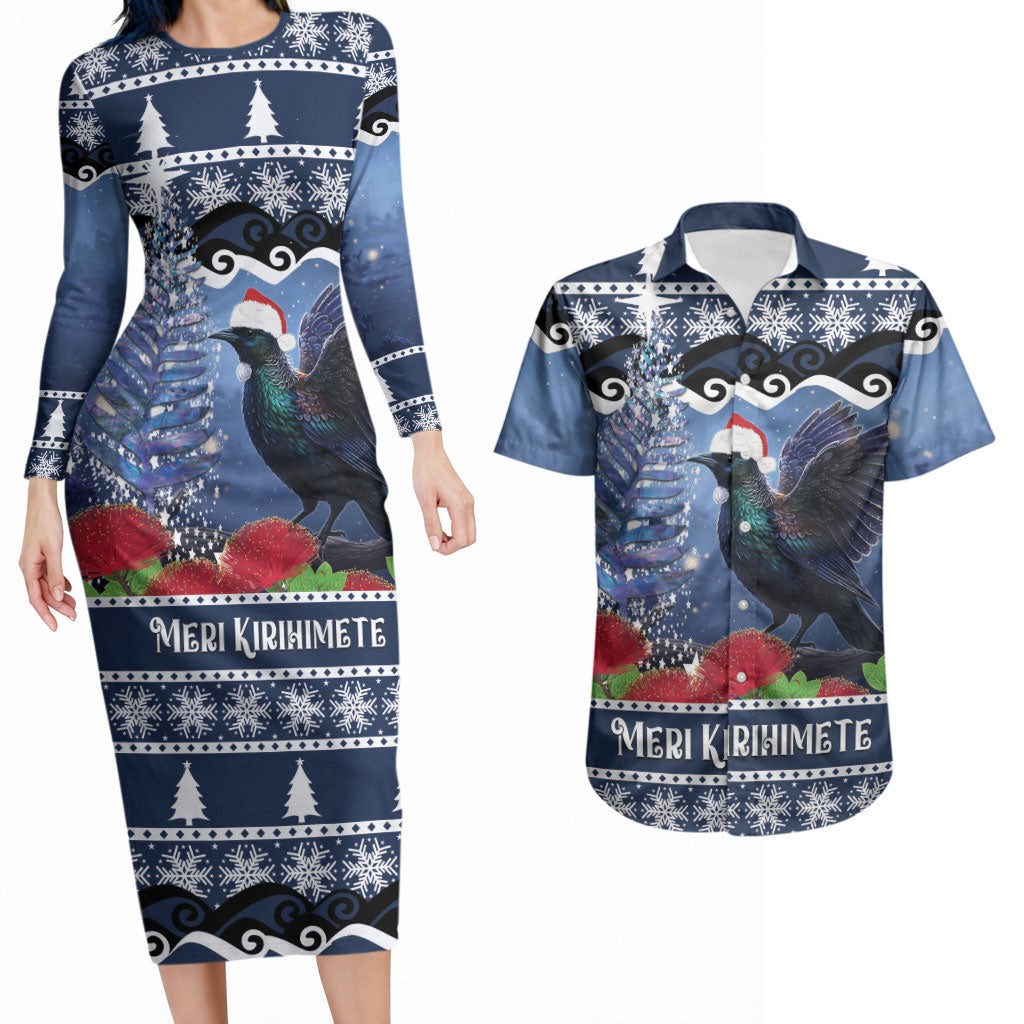 New Zealand Tui Bird Christmas Couples Matching Long Sleeve Bodycon Dress and Hawaiian Shirt Pohutukawa Xmas Tree Meri Kirihimete LT22 Blue - Polynesian Pride