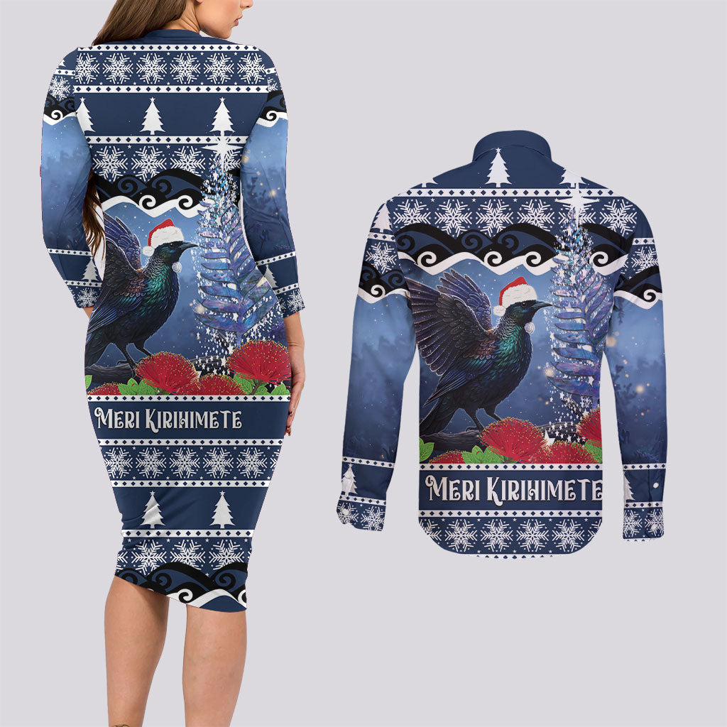New Zealand Tui Bird Christmas Couples Matching Long Sleeve Bodycon Dress and Long Sleeve Button Shirt Pohutukawa Xmas Tree Meri Kirihimete