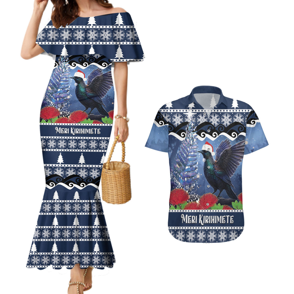 New Zealand Tui Bird Christmas Couples Matching Mermaid Dress and Hawaiian Shirt Pohutukawa Xmas Tree Meri Kirihimete