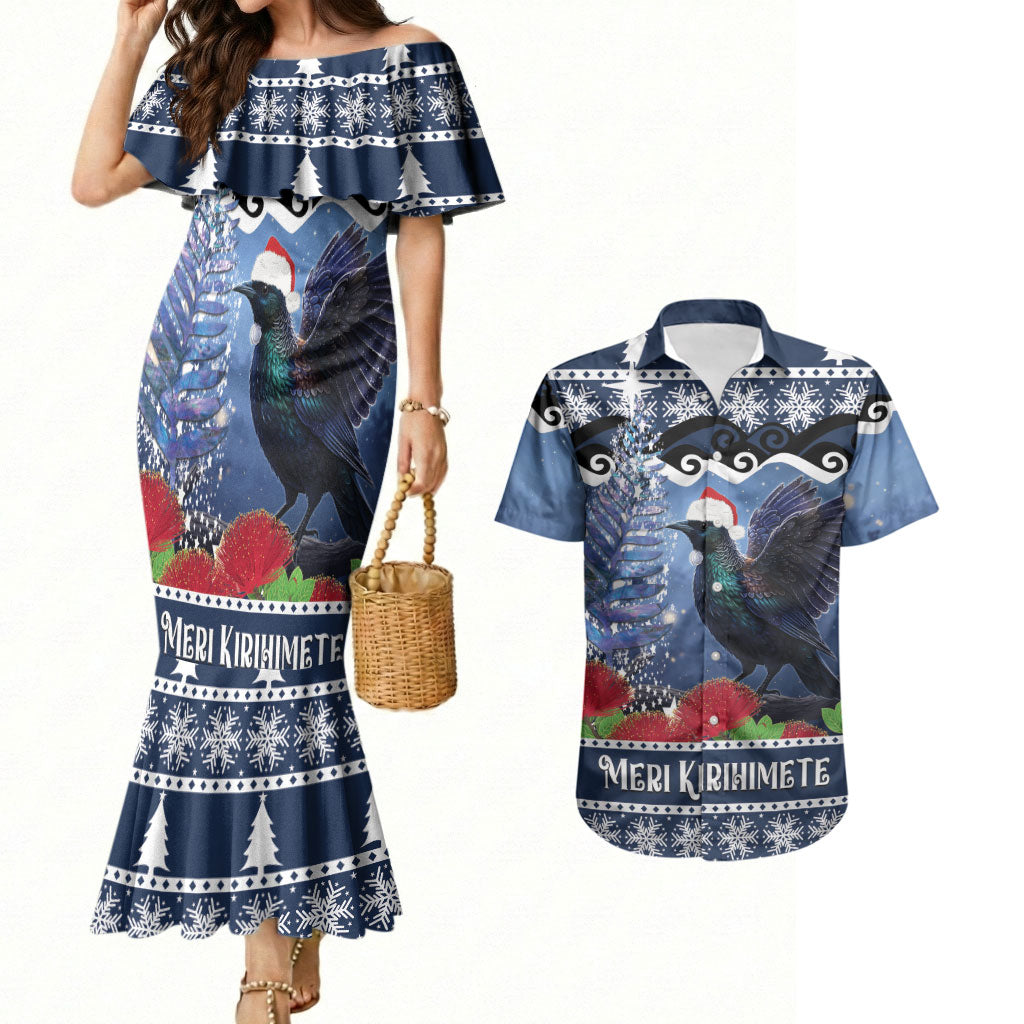 New Zealand Tui Bird Christmas Couples Matching Mermaid Dress and Hawaiian Shirt Pohutukawa Xmas Tree Meri Kirihimete LT22 Blue - Polynesian Pride