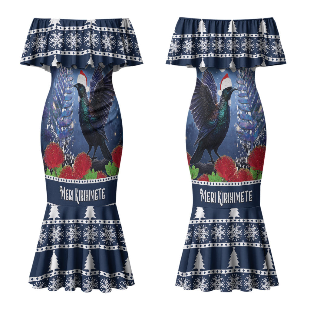 New Zealand Tui Bird Christmas Couples Matching Mermaid Dress and Hawaiian Shirt Pohutukawa Xmas Tree Meri Kirihimete LT22 - Polynesian Pride