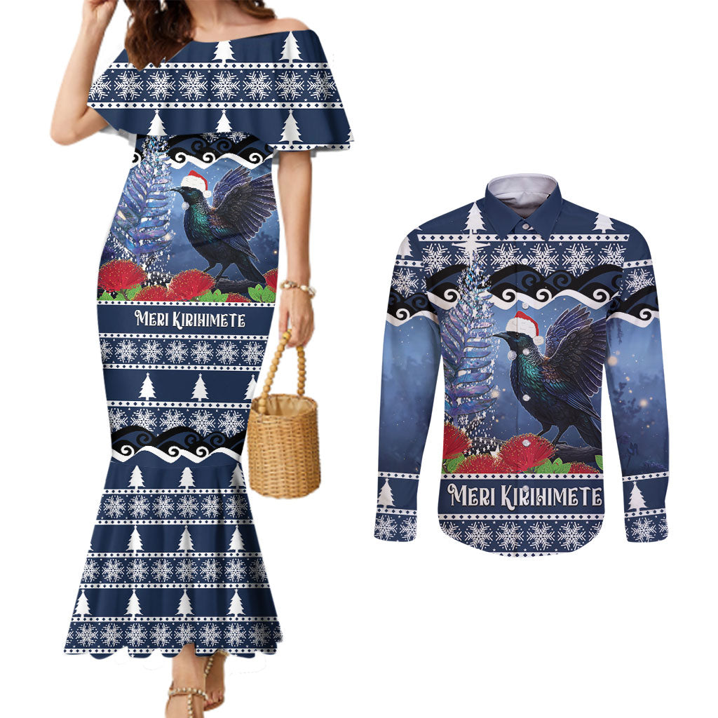 New Zealand Tui Bird Christmas Couples Matching Mermaid Dress and Long Sleeve Button Shirt Pohutukawa Xmas Tree Meri Kirihimete