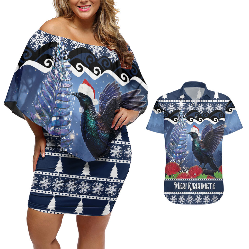 New Zealand Tui Bird Christmas Couples Matching Off Shoulder Short Dress and Hawaiian Shirt Pohutukawa Xmas Tree Meri Kirihimete