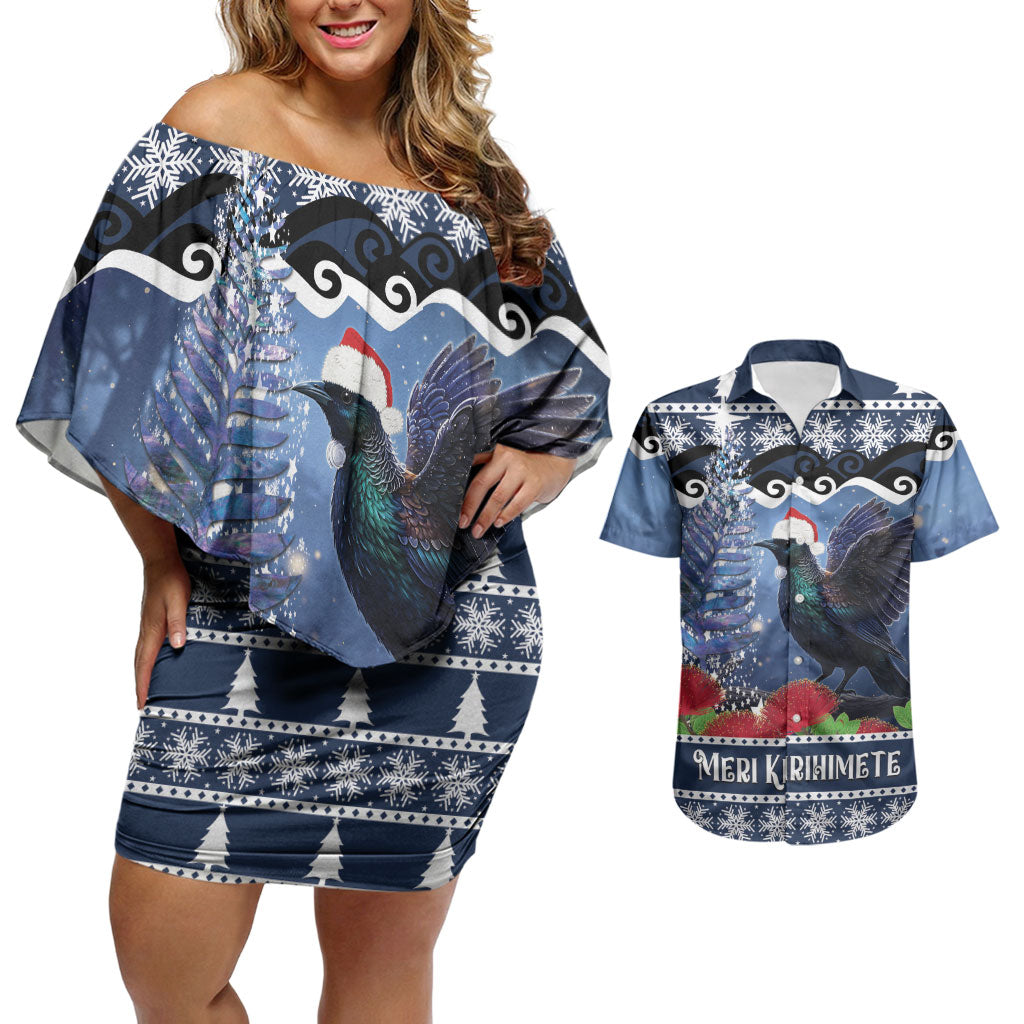 New Zealand Tui Bird Christmas Couples Matching Off Shoulder Short Dress and Hawaiian Shirt Pohutukawa Xmas Tree Meri Kirihimete LT22 Blue - Polynesian Pride