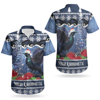 New Zealand Tui Bird Christmas Couples Matching Off Shoulder Short Dress and Hawaiian Shirt Pohutukawa Xmas Tree Meri Kirihimete LT22 - Polynesian Pride