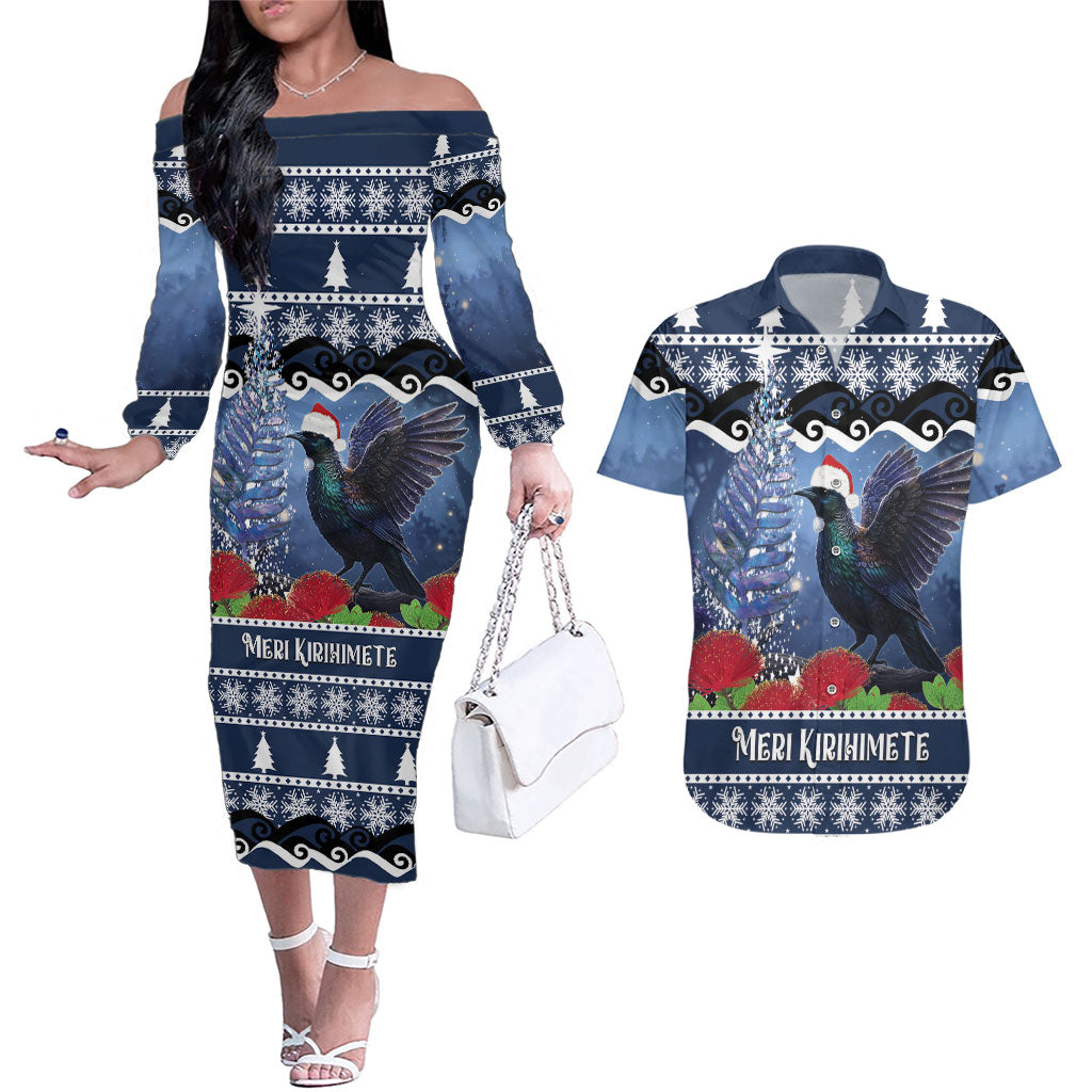 New Zealand Tui Bird Christmas Couples Matching Off The Shoulder Long Sleeve Dress and Hawaiian Shirt Pohutukawa Xmas Tree Meri Kirihimete