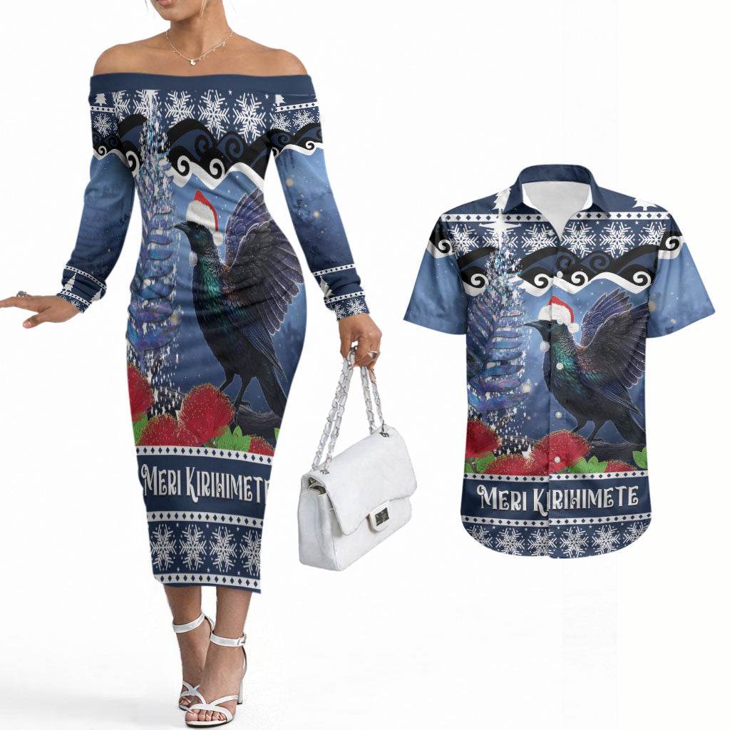 New Zealand Tui Bird Christmas Couples Matching Off The Shoulder Long Sleeve Dress and Hawaiian Shirt Pohutukawa Xmas Tree Meri Kirihimete LT22 Blue - Polynesian Pride