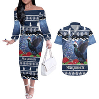 New Zealand Tui Bird Christmas Couples Matching Off The Shoulder Long Sleeve Dress and Hawaiian Shirt Pohutukawa Xmas Tree Meri Kirihimete