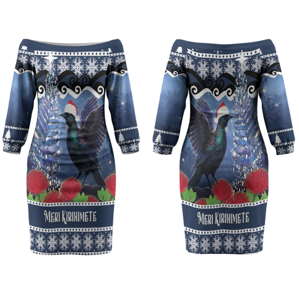New Zealand Tui Bird Christmas Couples Matching Off The Shoulder Long Sleeve Dress and Hawaiian Shirt Pohutukawa Xmas Tree Meri Kirihimete LT22 - Polynesian Pride