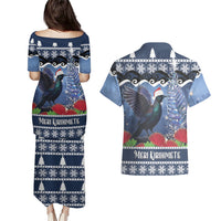 New Zealand Tui Bird Christmas Couples Matching Puletasi and Hawaiian Shirt Pohutukawa Xmas Tree Meri Kirihimete