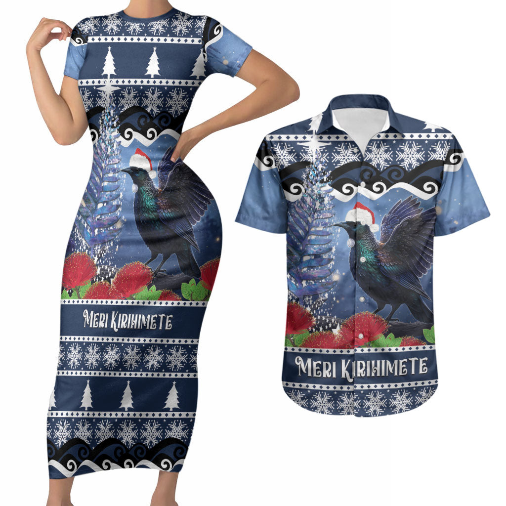 New Zealand Tui Bird Christmas Couples Matching Short Sleeve Bodycon Dress and Hawaiian Shirt Pohutukawa Xmas Tree Meri Kirihimete LT22 Blue - Polynesian Pride