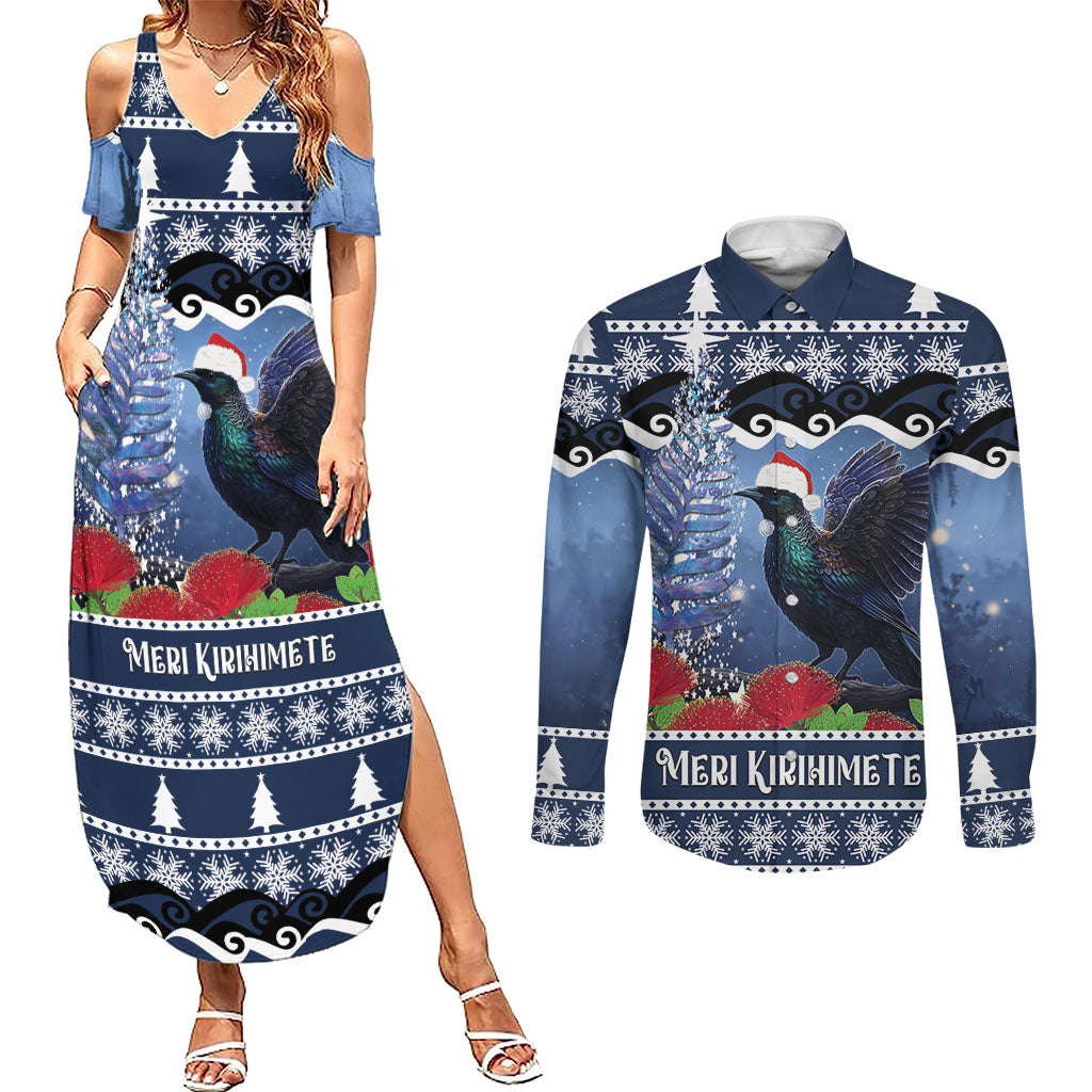 New Zealand Tui Bird Christmas Couples Matching Summer Maxi Dress and Long Sleeve Button Shirt Pohutukawa Xmas Tree Meri Kirihimete