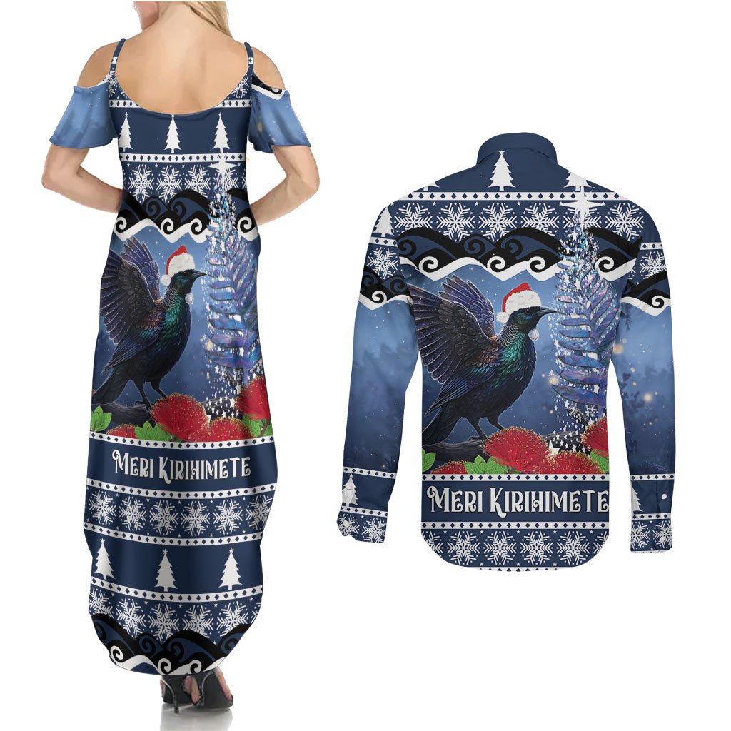New Zealand Tui Bird Christmas Couples Matching Summer Maxi Dress and Long Sleeve Button Shirt Pohutukawa Xmas Tree Meri Kirihimete