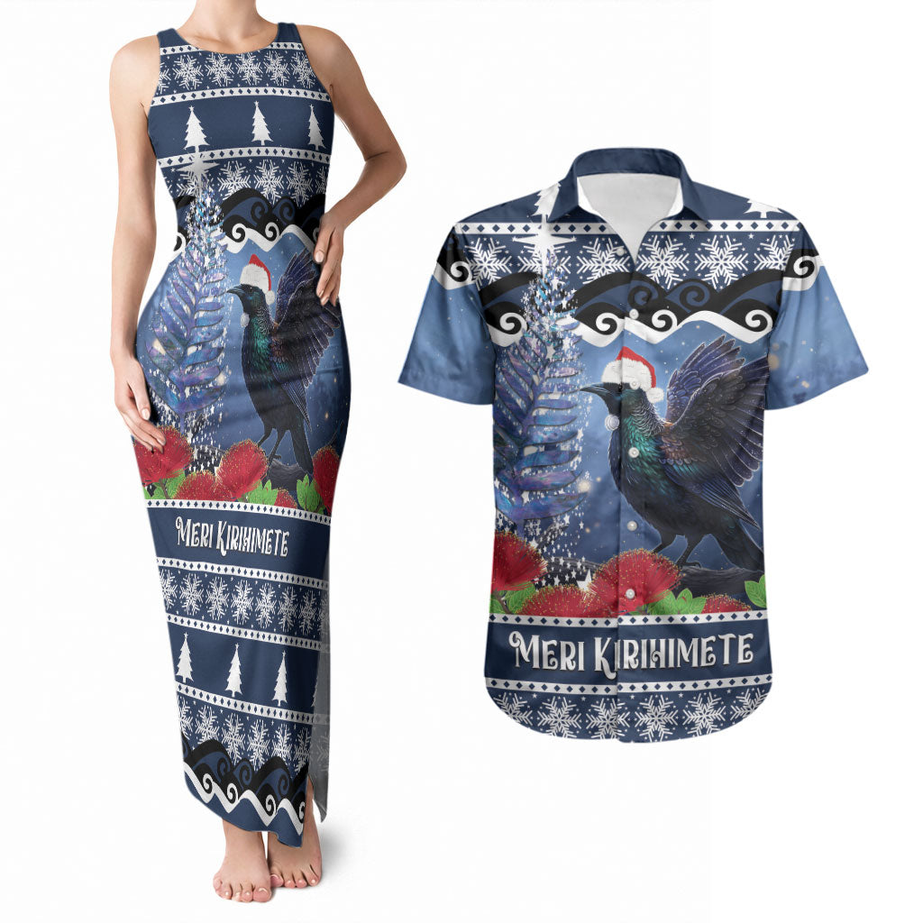 New Zealand Tui Bird Christmas Couples Matching Tank Maxi Dress and Hawaiian Shirt Pohutukawa Xmas Tree Meri Kirihimete LT22 Blue - Polynesian Pride