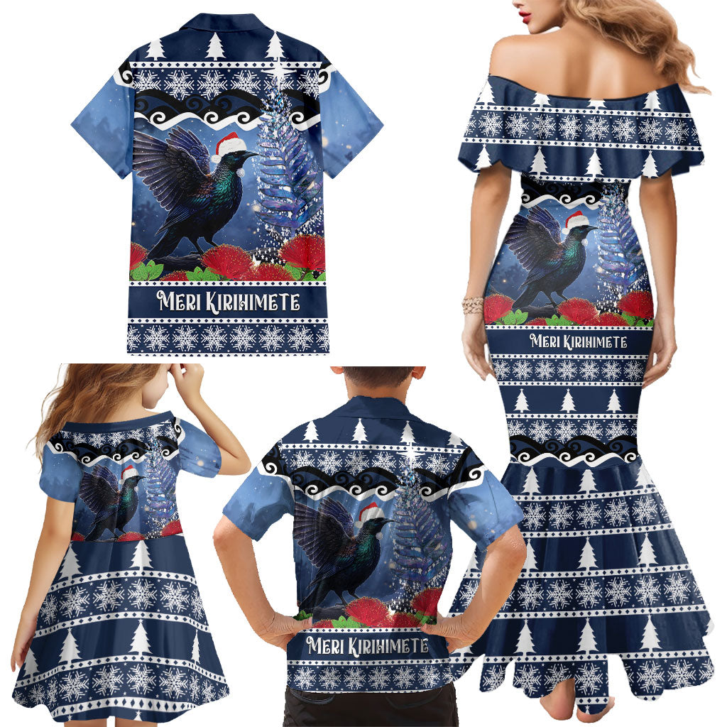New Zealand Tui Bird Christmas Family Matching Mermaid Dress and Hawaiian Shirt Pohutukawa Xmas Tree Meri Kirihimete