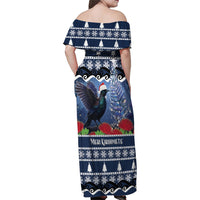 New Zealand Tui Bird Christmas Family Matching Off Shoulder Maxi Dress and Hawaiian Shirt Pohutukawa Xmas Tree Meri Kirihimete