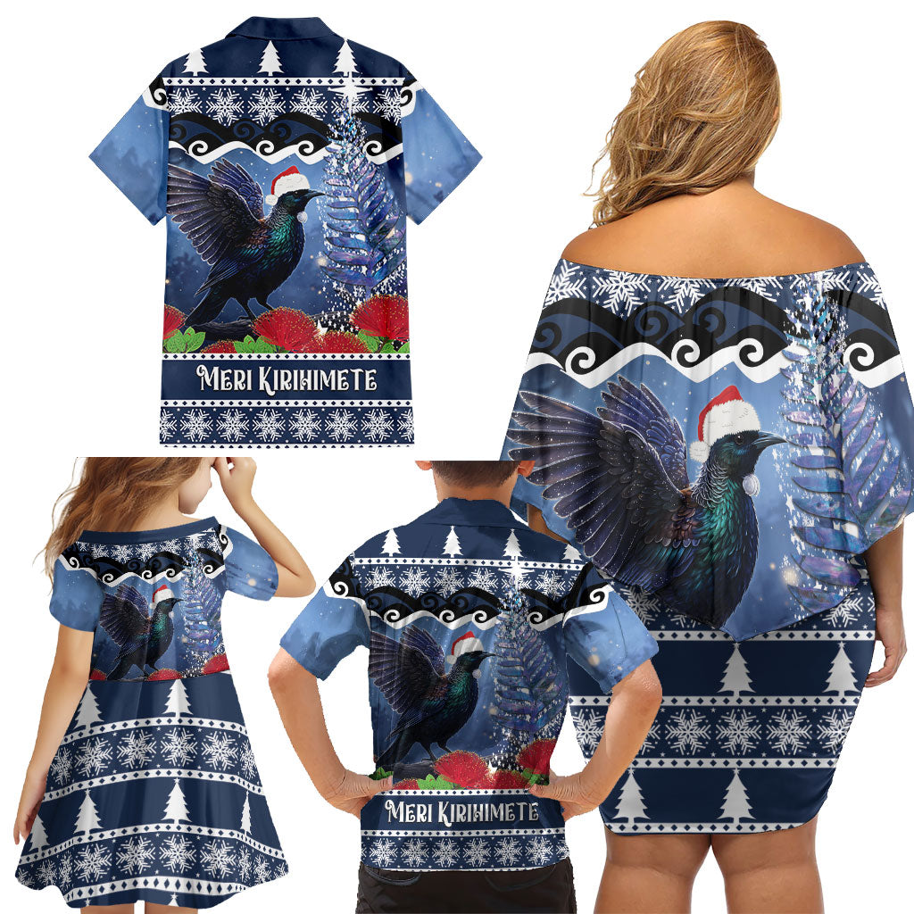 New Zealand Tui Bird Christmas Family Matching Off Shoulder Short Dress and Hawaiian Shirt Pohutukawa Xmas Tree Meri Kirihimete