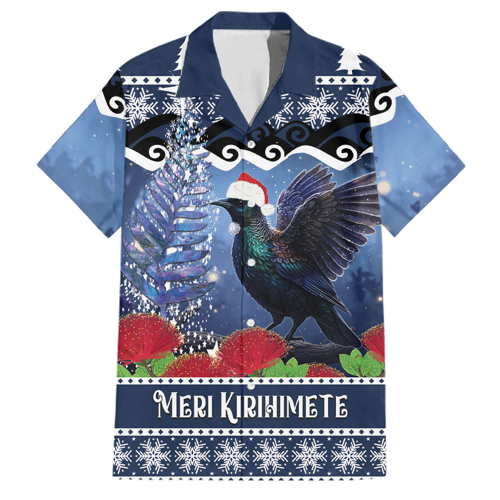 New Zealand Tui Bird Christmas Family Matching Off Shoulder Short Dress and Hawaiian Shirt Pohutukawa Xmas Tree Meri Kirihimete